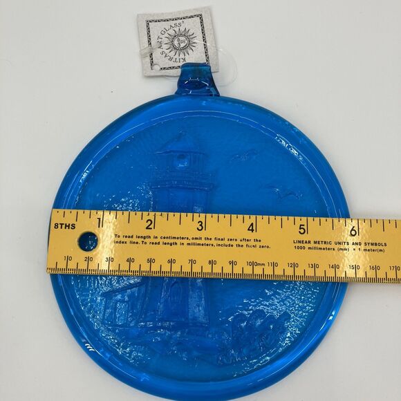 Kitras Art Glass Lighthouse scenic Blue Glass Suncatcher, 6", Window Hanging - Picture 9 of 11